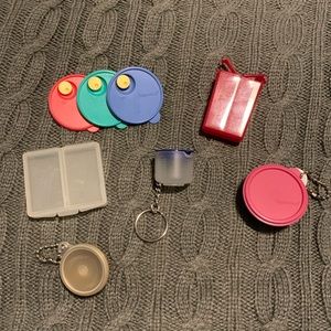 Tupperware miniature collectible keychains, mini S&P shaker and pillbox